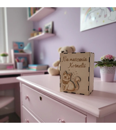 Skarbonka dla dziecka personalizowana z grawerem 3D Kotek