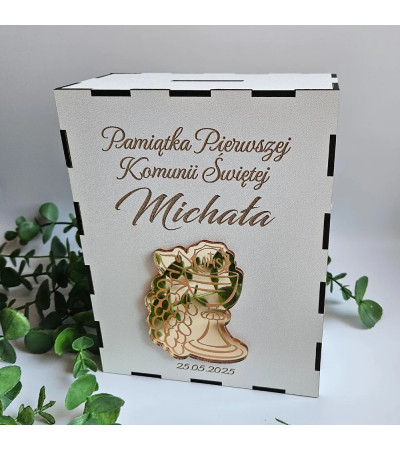 Prezent Pierwsza Komunia Święta - Personalizowana Skarbonka Biała ze złotym elementem 3D