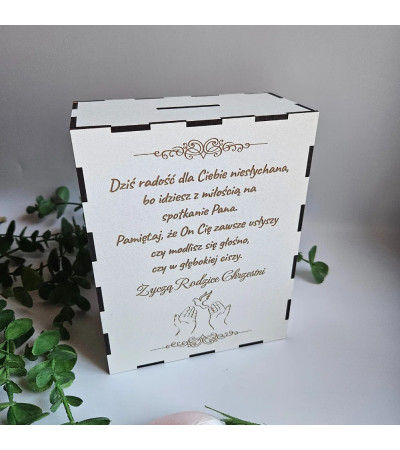 Prezent Pierwsza Komunia Święta - Personalizowana Skarbonka Biała ze złotym elementem 3D