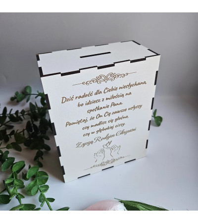 Prezent Pierwsza Komunia Święta - Personalizowana Skarbonka Biała ze złotym elementem 3D